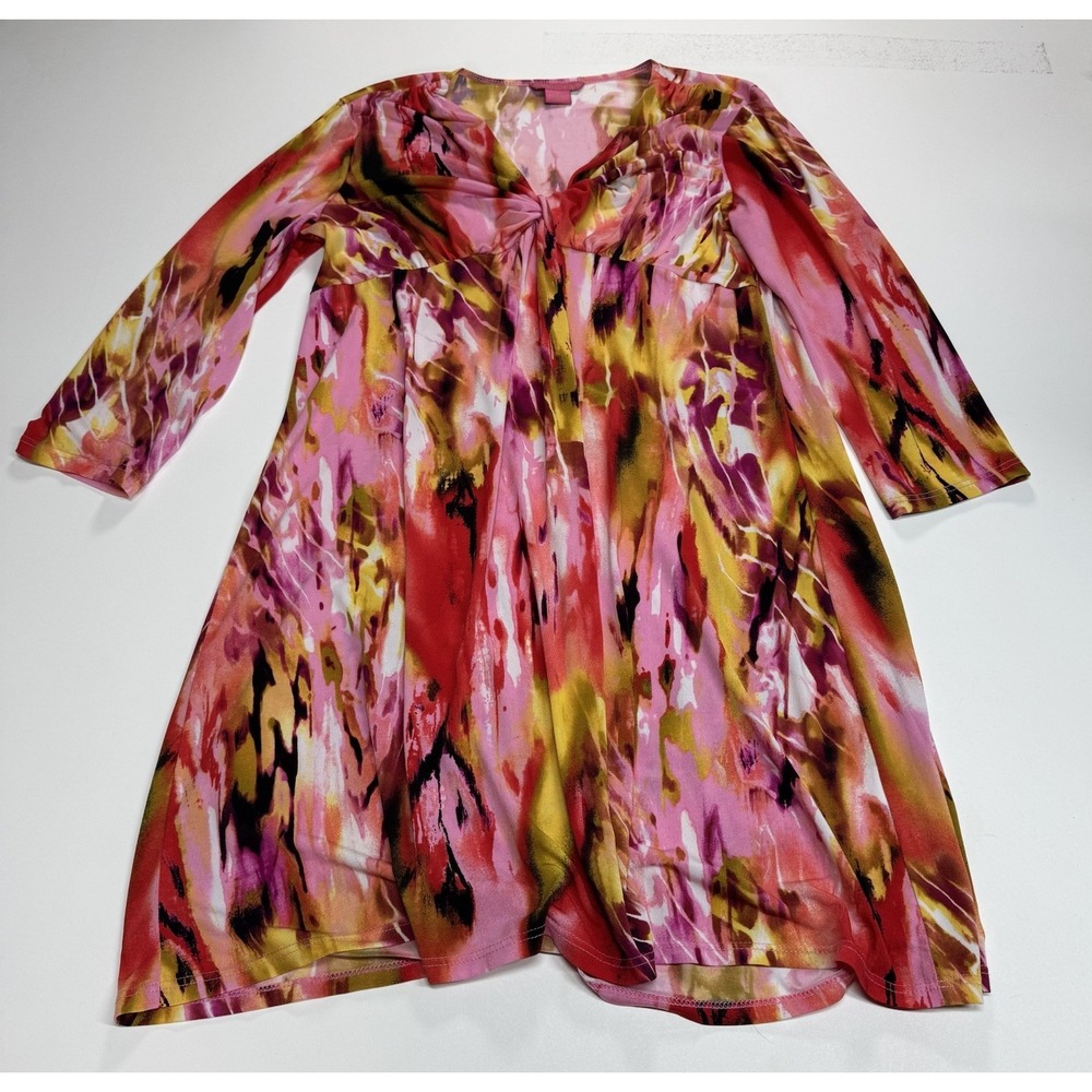 Sunny Leigh KnotFront Dress Women Medium Pink Abstract 3/4 Sleeve Colorful